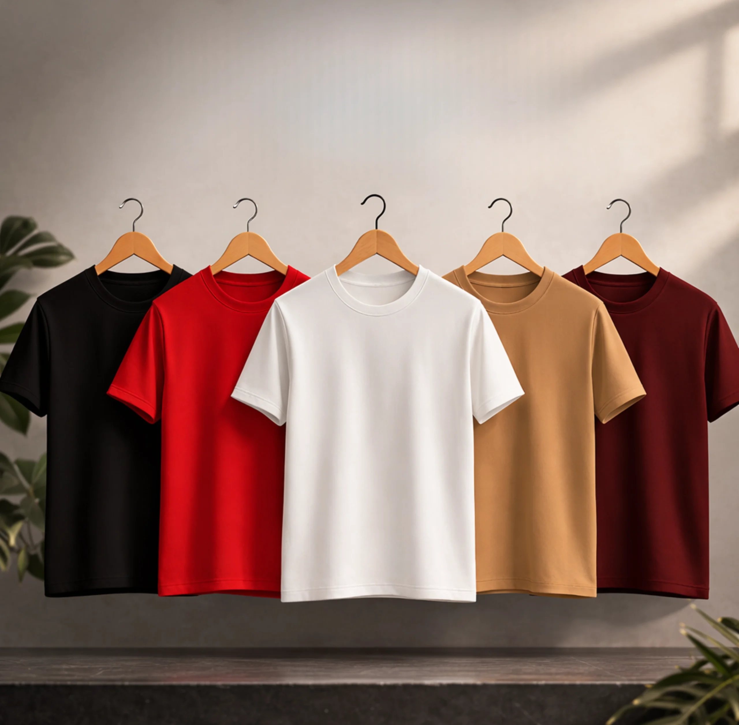 High-quality PLAIN crewneck cotton t-shirt hanging on a wooden hanger against a neutral wall with pink roses.